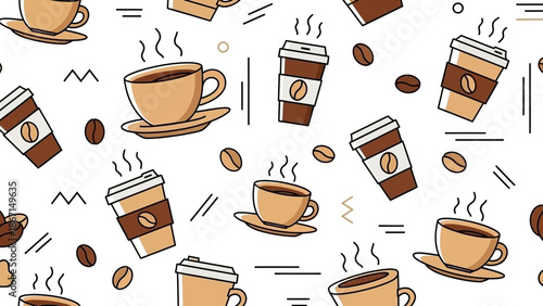Seamless pattern of coffee cups and beans illustration.