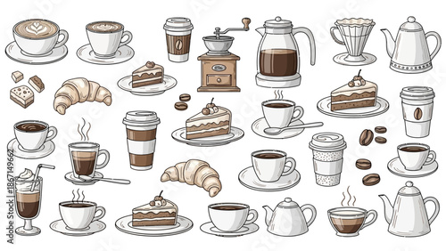 Collection of Coffee Drinks Cakes and Pastries Illustrated.