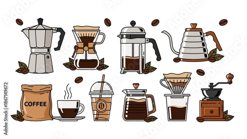 Collection of coffee brewing equipment and coffee beans.