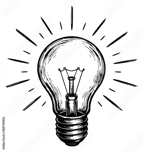 Hand drawn line art illustration of a light bulb depicting an illuminating idea for creative concepts