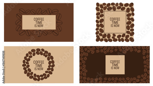 Coffee Time Now Four Variations with Beans and Text.