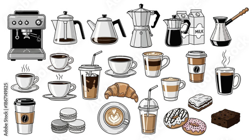 Collection of Coffee Drinks and Accessories Illustrated.