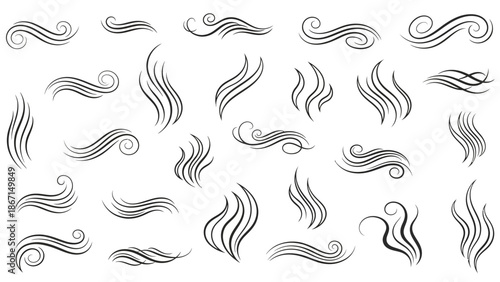 Collection of Hand-Drawn Swirling Lines Representing Steam or Smoke.