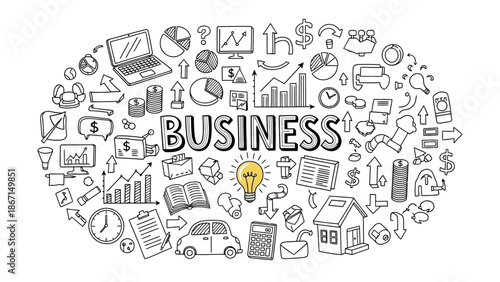 Business Doodle Collage with Icons and Text.