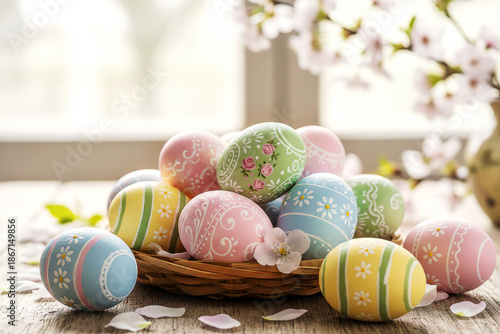 Decorative Easter Eggs on a Wooden Table.