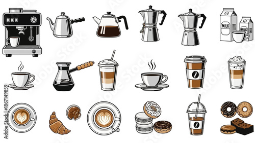 Collection of Coffee Making Equipment and Beverages.