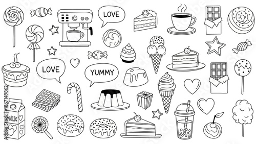 Collection of Sweet Desserts and Coffee Drinks Hand Drawn Illustration.