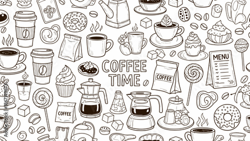 Hand Drawn Coffee Time Doodle Collection With Various Elements.