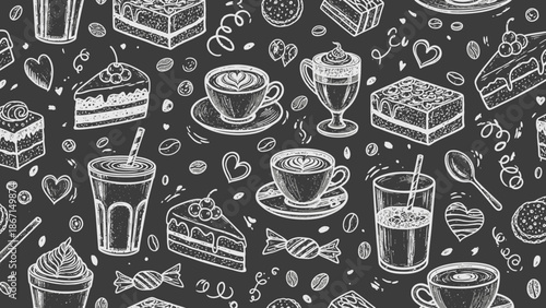 Chalkboard Style Drawing of Coffee and Desserts Assortment.