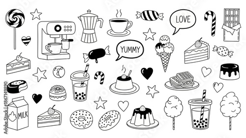 Collection of Delicious Desserts and Sweet Treats Hand Drawn Illustration.