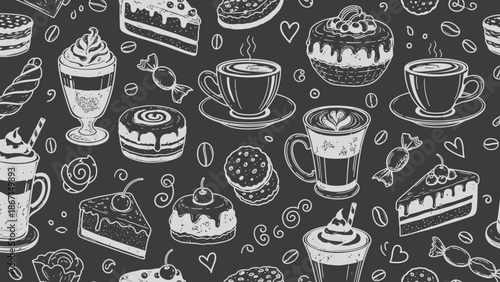 Delicious Desserts and Coffee Drinks Collection Hand Drawn Style.