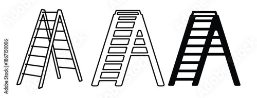 Editable folding ladder, step, stepladder vector icon. Construction, tools, industry. Three A-frame ladders in different line styles and colors. 