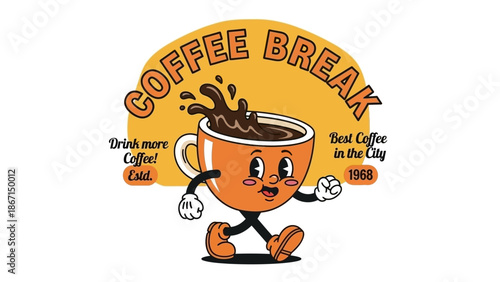 Retro Coffee Cup Character with Splashing Coffee.