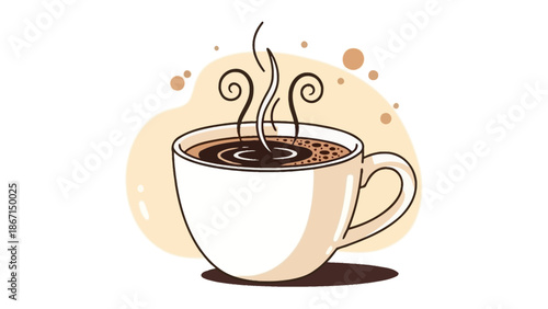 A steaming cup of hot coffee with swirling steam.