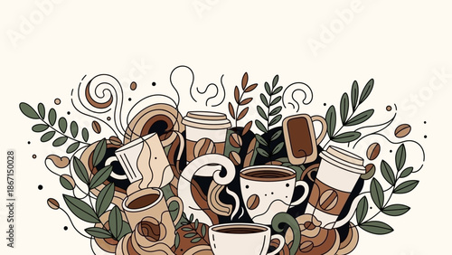A Whimsical Collection of Coffee Cups and Botanical Elements.