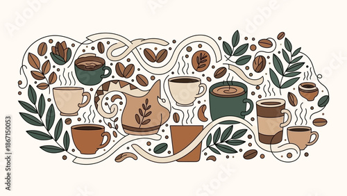 Collection of Coffee Cups and Coffee Beans Art.