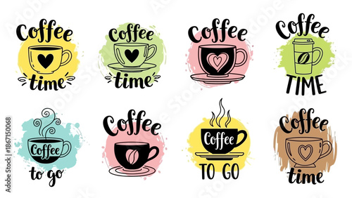Collection of eight coffee cups with lettering and watercolor splashes.
