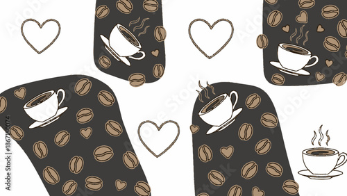 Steaming Coffee Cups with Heart Shapes and Coffee Beans Pattern.