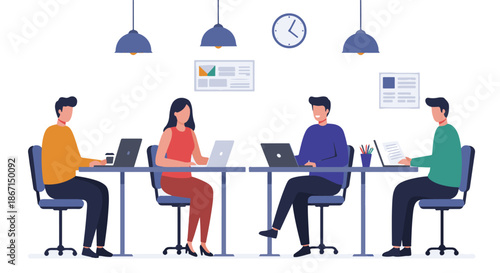 Illustration of a diverse group of professionals working together in a modern office space.