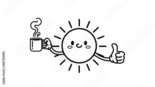 Cute cartoon sun character holding a coffee cup and giving a thumbs up.