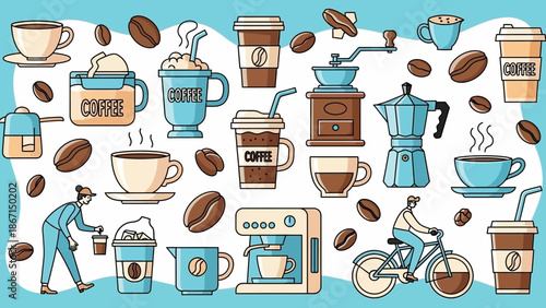 Collection of Coffee Related Items and People Enjoying Coffee.