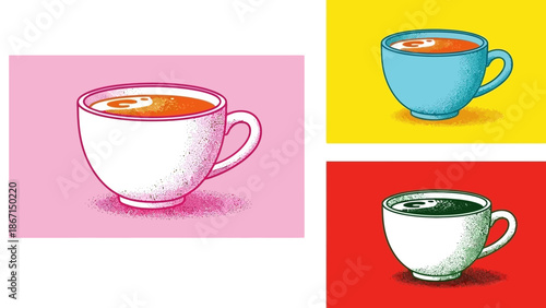 Three cups of hot beverages in different colors.