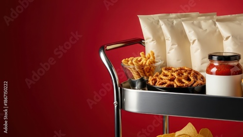Assorted party snacks, including pretzels, puffed snacks, and dip, on a serving cart with copy space