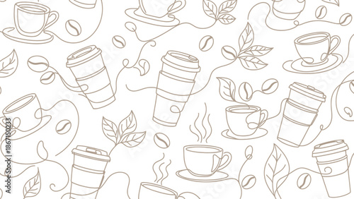 Seamless pattern of coffee cups and beans in line art style.