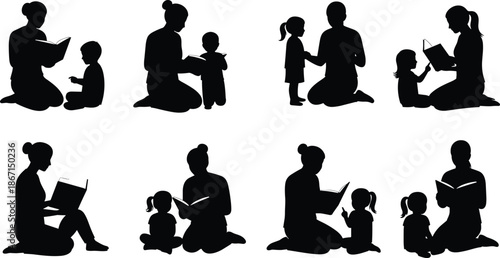 Silhouette, reading, adult, child, book, education, learning, storytelling, family, literacy, sitting, standing, teaching, parent, student, knowledge, study, library, school, flat vector illustration