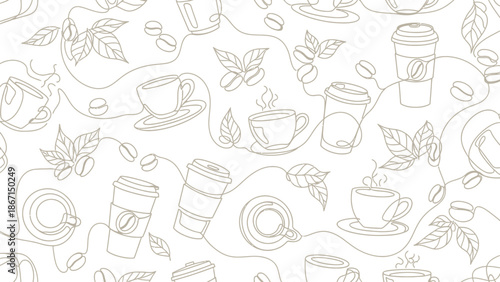 Seamless pattern of coffee cups and leaves in line art style.