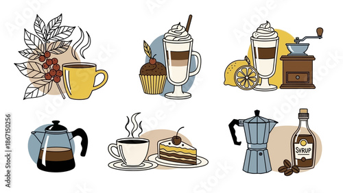 Collection of delicious coffee drinks and desserts illustrated.