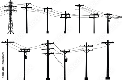 Silhouette, transmission tower, utility poles, power lines, transformers, electricity, energy, infrastructure, grid, insulators, crossarms, urban, design, engineering, distribution