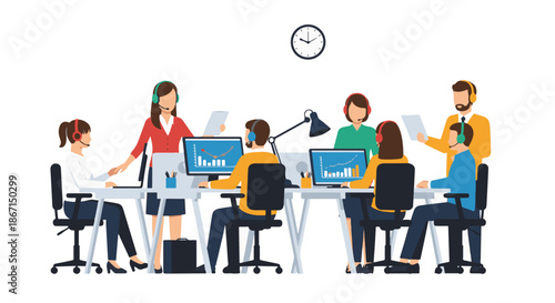 Illustration of a customer service team working in an office with computers and headsets