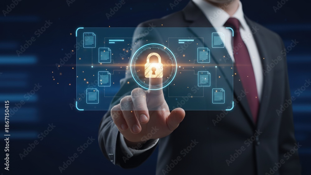 custom made wallpaper toronto digitalA businessman pressing a secure lock interface for Know Your Customer Digital Verification and protected documents