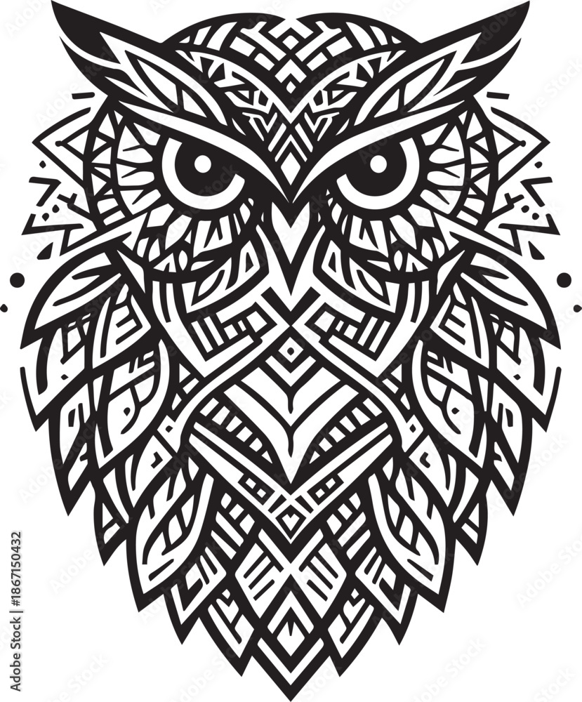 Fototapeta premium Intricate Black and White Tribal Owl Face With Geometric Patterns