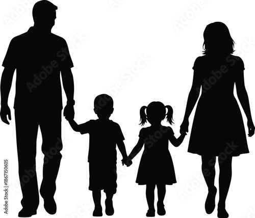 Happy family silhouette illustration showing parents holding hands with two children walking together