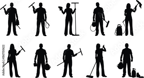 Cleaning workers silhouette set showing professional janitors using tools for maintenance, hygiene, and sanitation services