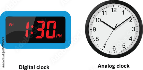 Digital and analog clock illustration showing time display comparison with electronic LED clock and classic wall clock