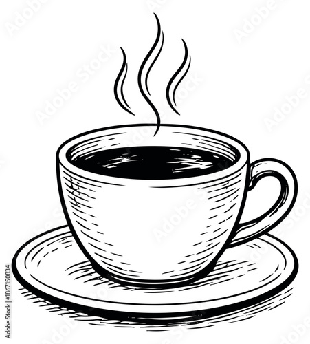 Hand drawn line art illustration of a coffee cup depicting a hot steaming beverage for a cafe menu design
