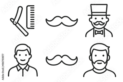 Vintage barber icons with mustaches and male hairstyles in line art