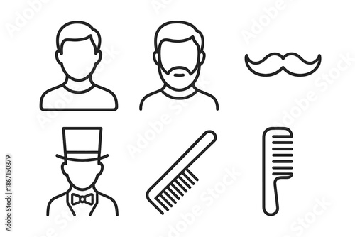 Male grooming icons: bearded face, mustache, top hat, comb line art