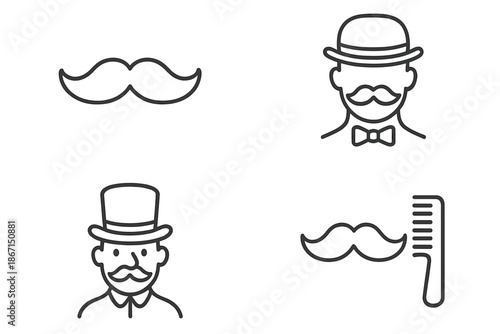 Vintage male grooming icons with mustaches, hats, and comb