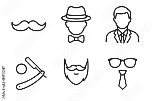Icons of men's fashion and grooming: mustache, hat, suit, razor, beard, glasses, tie