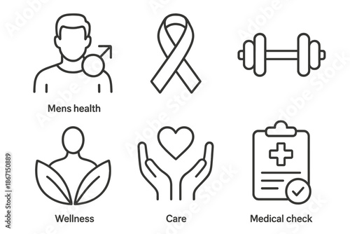 Men's health and wellness icons: fitness, medical, care, wellness, support symbols