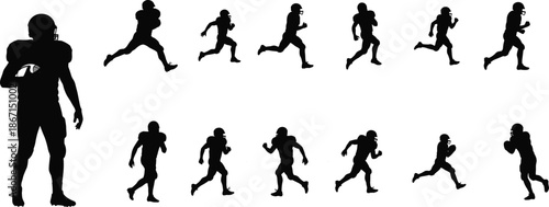 Silhouettes of American football players, dynamic action poses, sports vector illustration, competitive game, athletic teamwork, running athlete