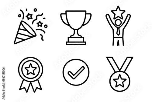 Celebration icons with trophy, medal, and ribbon illustrations