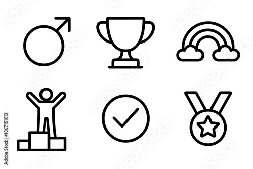 Simple line icons: male, trophy, rainbow, winner, checkmark, medal