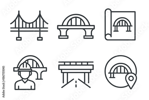 Bridge design icons set: construction, engineering, planning, and infrastructure