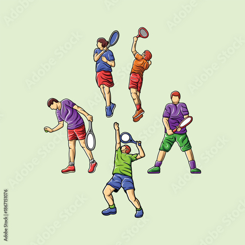 Tennis Player Athlete in Dynamic Pose Vibrant Stylized Vector Set Collection