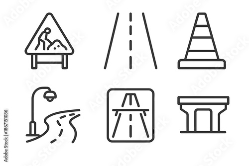Roadwork icons: construction, safety cone, highway, street lamp, overpass